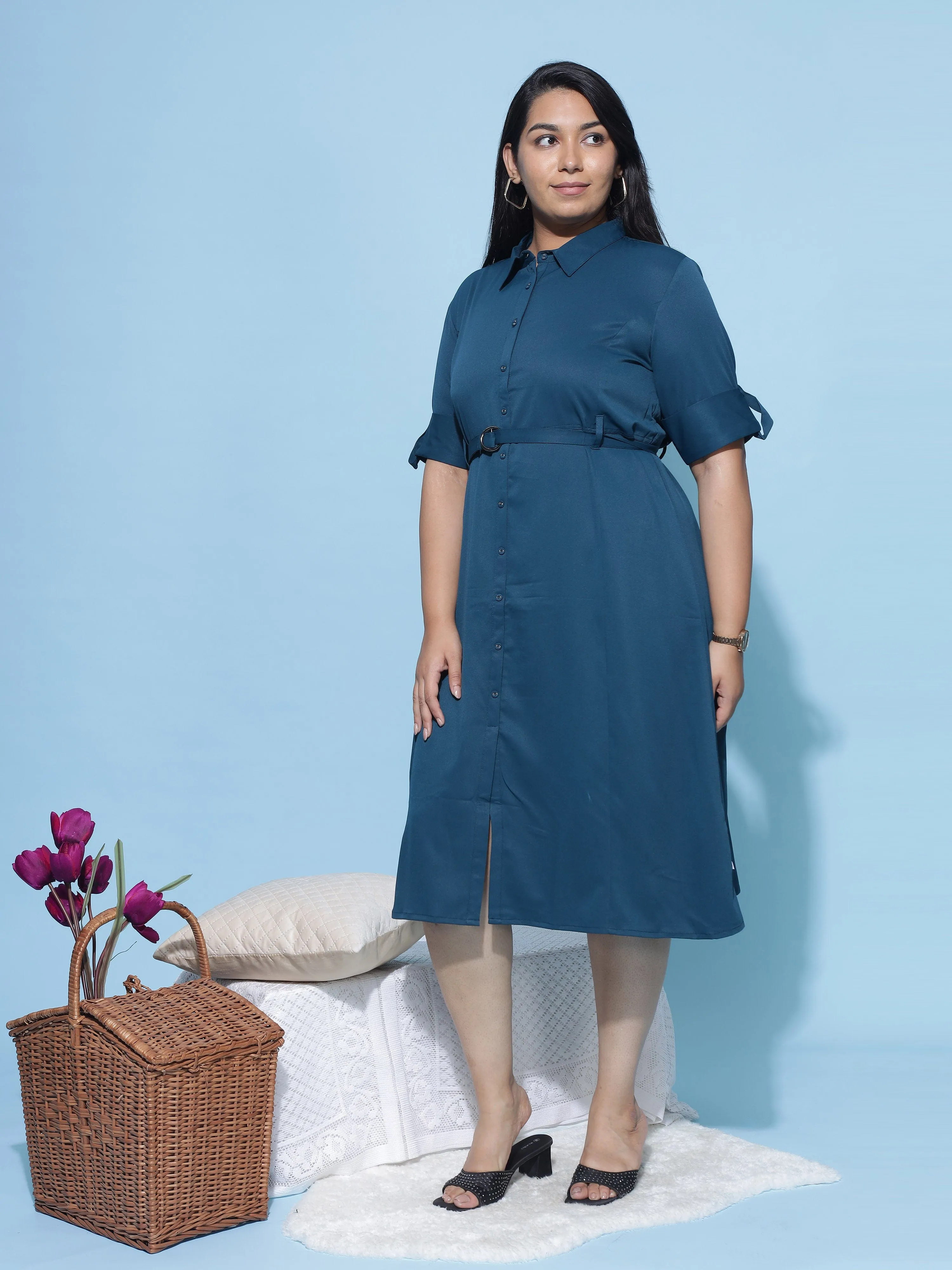 Polyester Collared Neck Dress Steel Blue