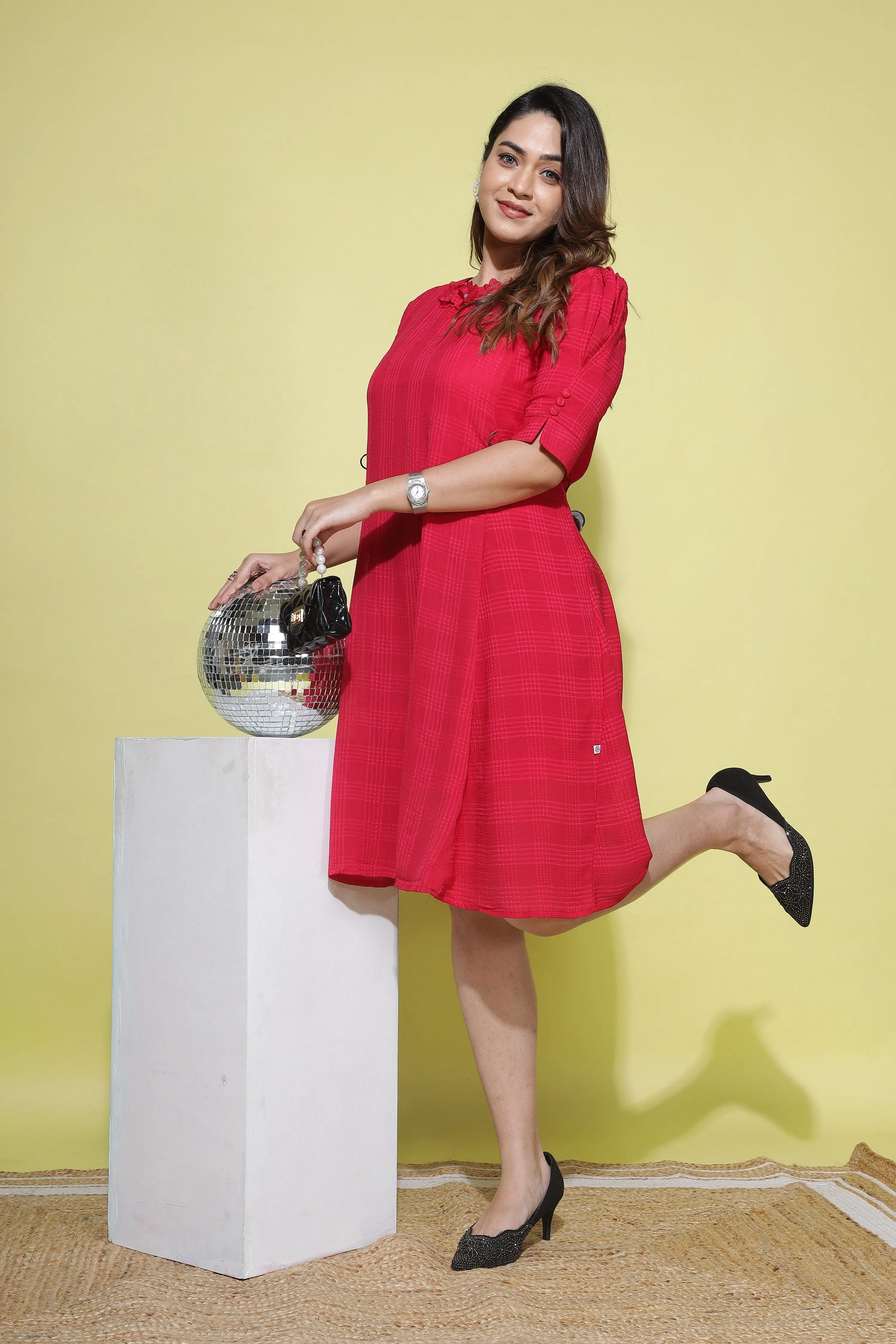 Polyester Floral Round neck Dress Cherry Red