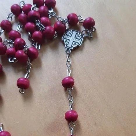 Pray the Rosary from the Holy Land - Jerusalem Cross - Red Scented Wood Beads