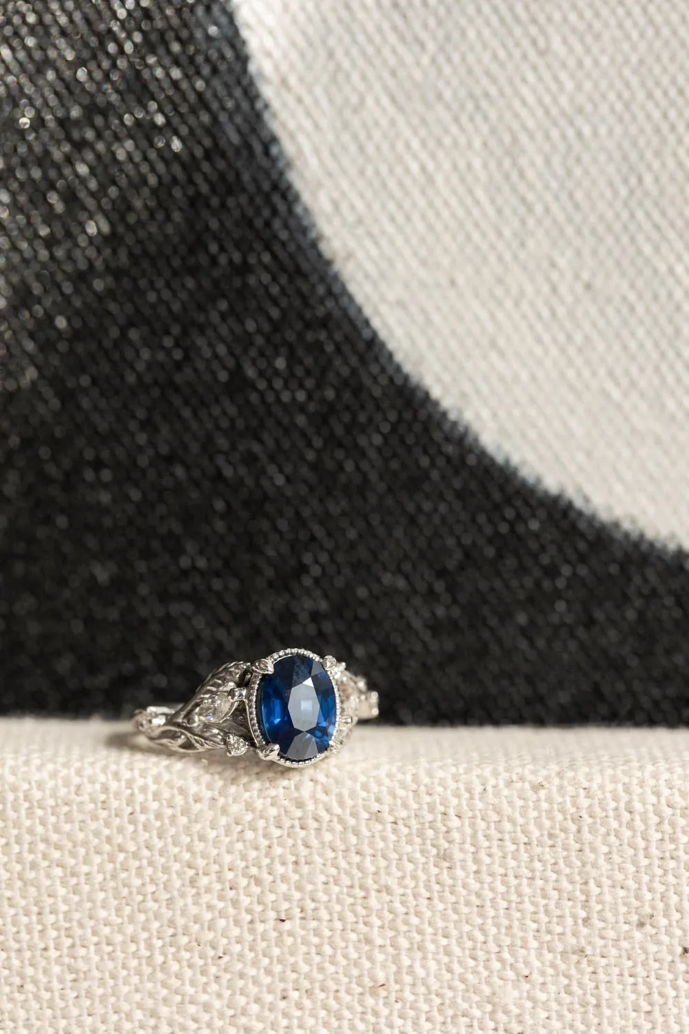 Royal blue sapphire engagement ring, nature inspired white gold proposal ring with diamonds / Patricia