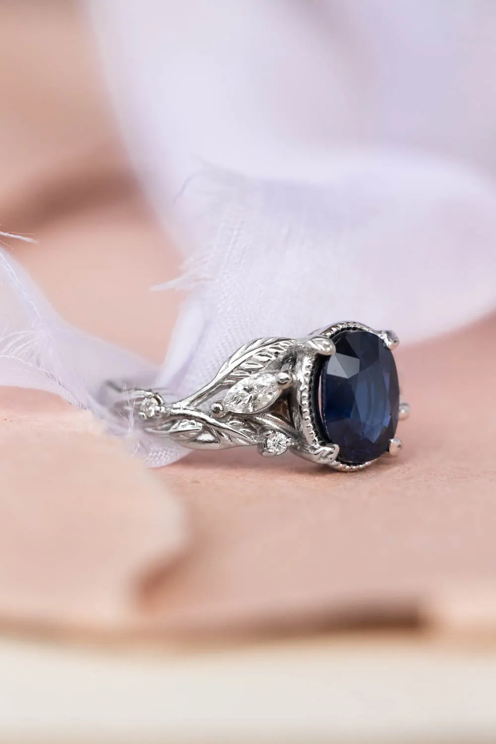 Royal blue sapphire engagement ring, nature inspired white gold proposal ring with diamonds / Patricia