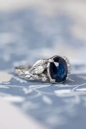 Royal blue sapphire engagement ring, nature inspired white gold proposal ring with diamonds / Patricia