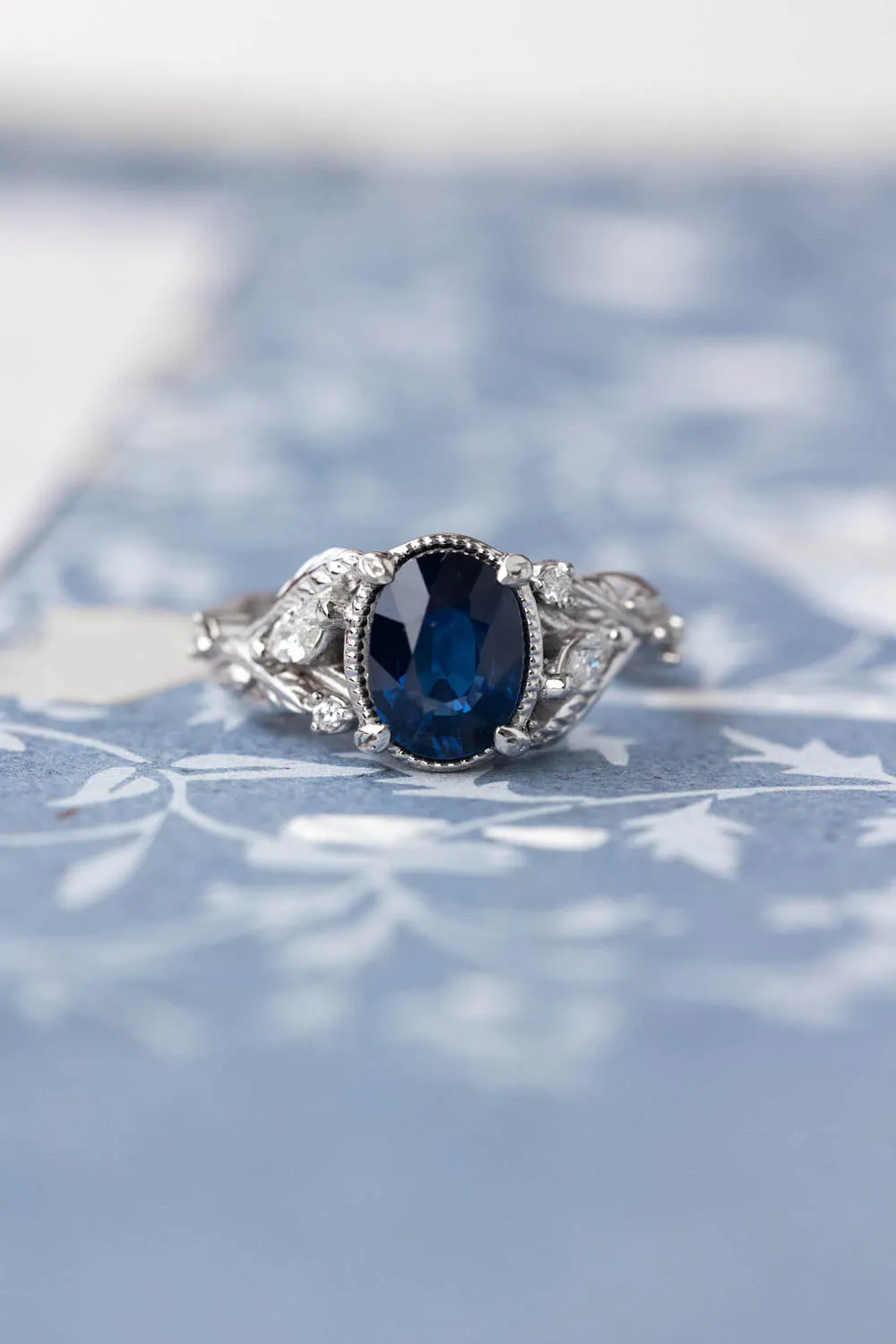 Royal blue sapphire engagement ring, nature inspired white gold proposal ring with diamonds / Patricia