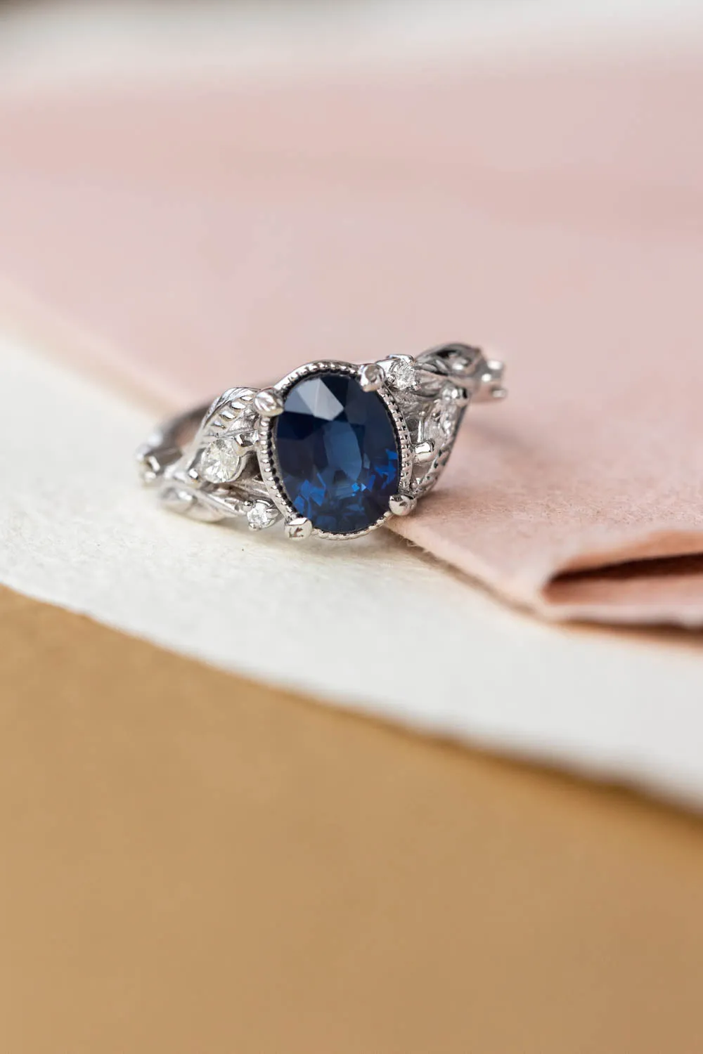 Royal blue sapphire engagement ring, nature inspired white gold proposal ring with diamonds / Patricia