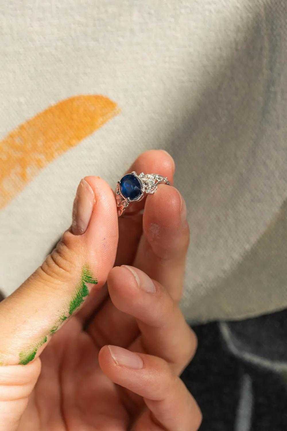 Royal blue sapphire engagement ring, nature inspired white gold proposal ring with diamonds / Patricia