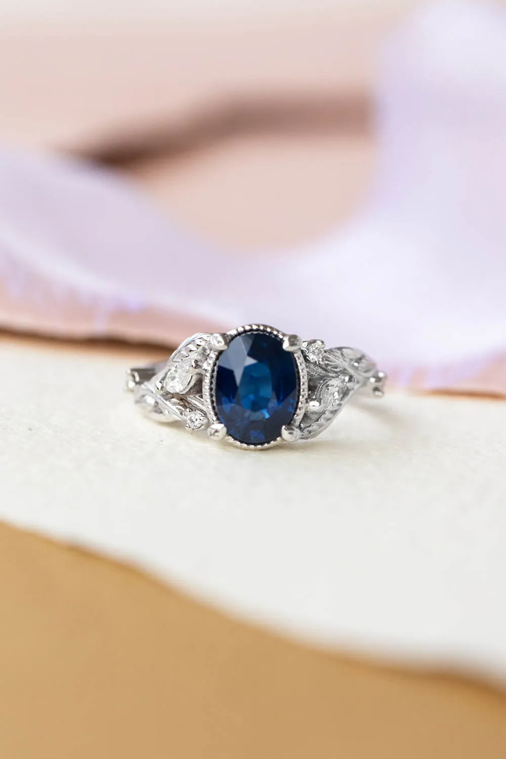 Royal blue sapphire engagement ring, nature inspired white gold proposal ring with diamonds / Patricia