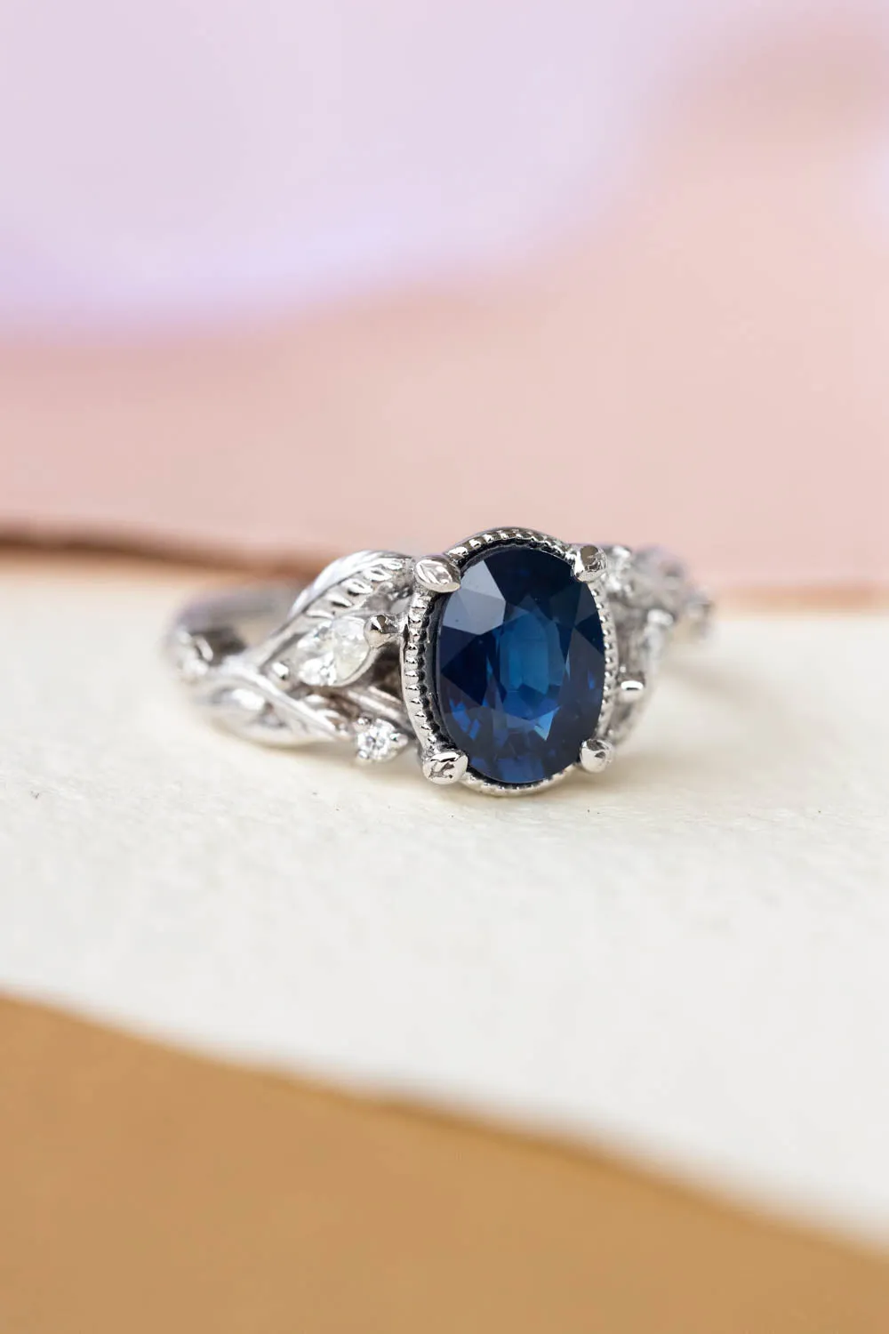 Royal blue sapphire engagement ring, nature inspired white gold proposal ring with diamonds / Patricia