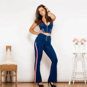 Shaper Set Dark Blue Striped Flared Lift Jeggings Button Up High Waist Jeans Set Sexy Bodysuit 2 Pieces Set