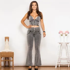 Shaper Set Grey Flared Lift Jeggings Button Up High Waist Jeans Set Sexy Bodysuit 2 Pieces Set