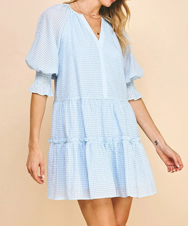 Short Sleeve Tiered Mini Dress - Baby Blue