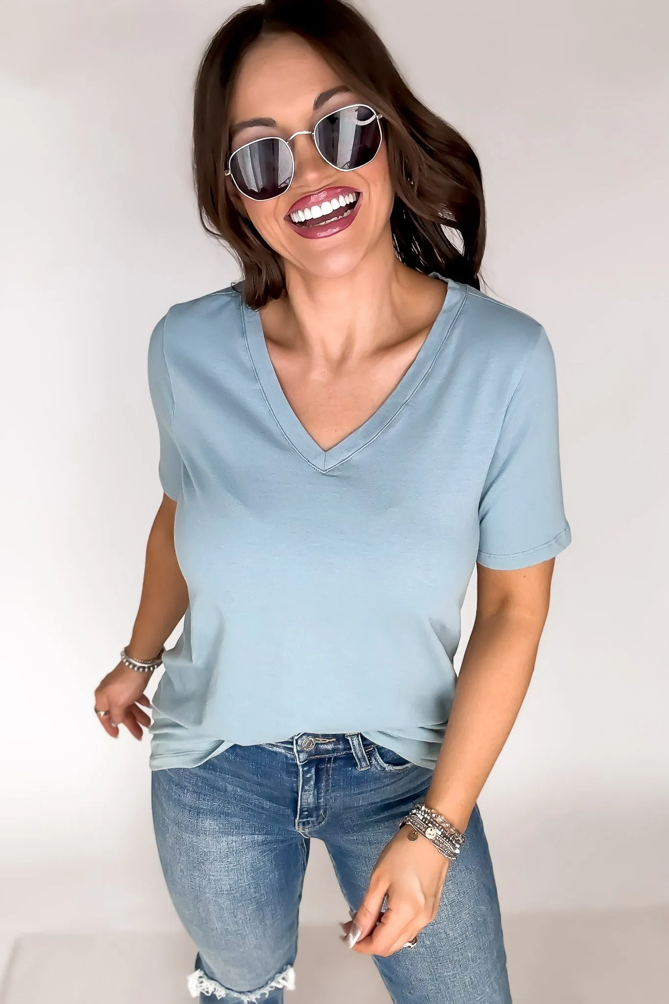 SR Basic Cotton Blue Grey V-Neck Short Sleeve Tee Shirt