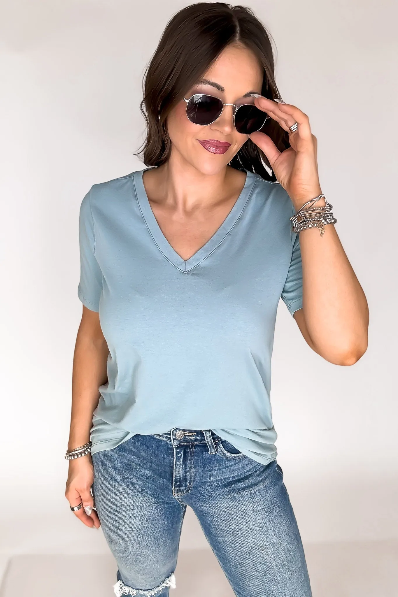 SR Basic Cotton Blue Grey V-Neck Short Sleeve Tee Shirt