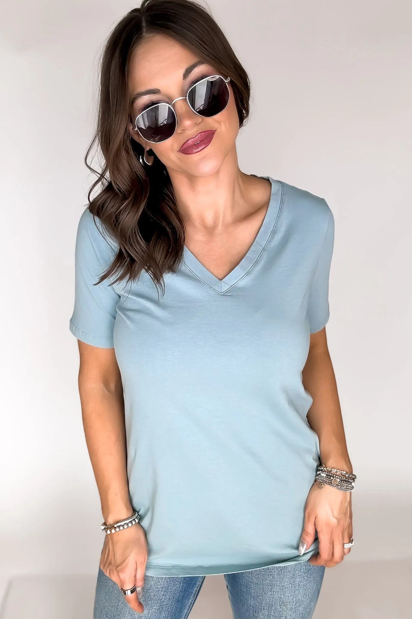 SR Basic Cotton Blue Grey V-Neck Short Sleeve Tee Shirt