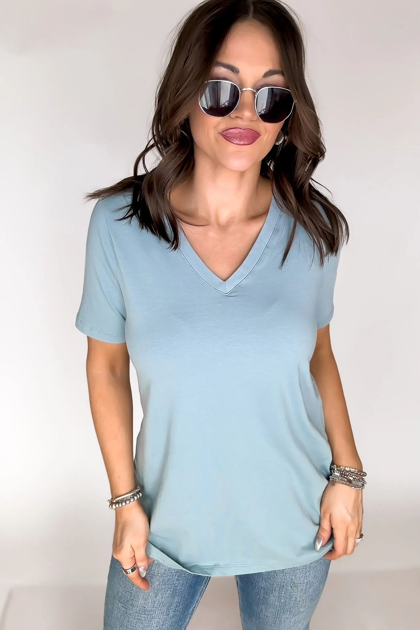 SR Basic Cotton Blue Grey V-Neck Short Sleeve Tee Shirt