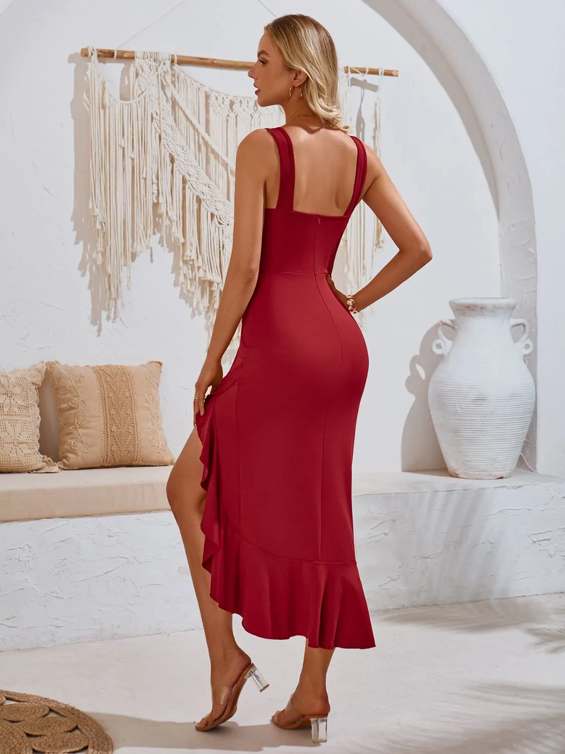 Sunset Vacation Ruffled V-Neck Wide Strap Midi Dress