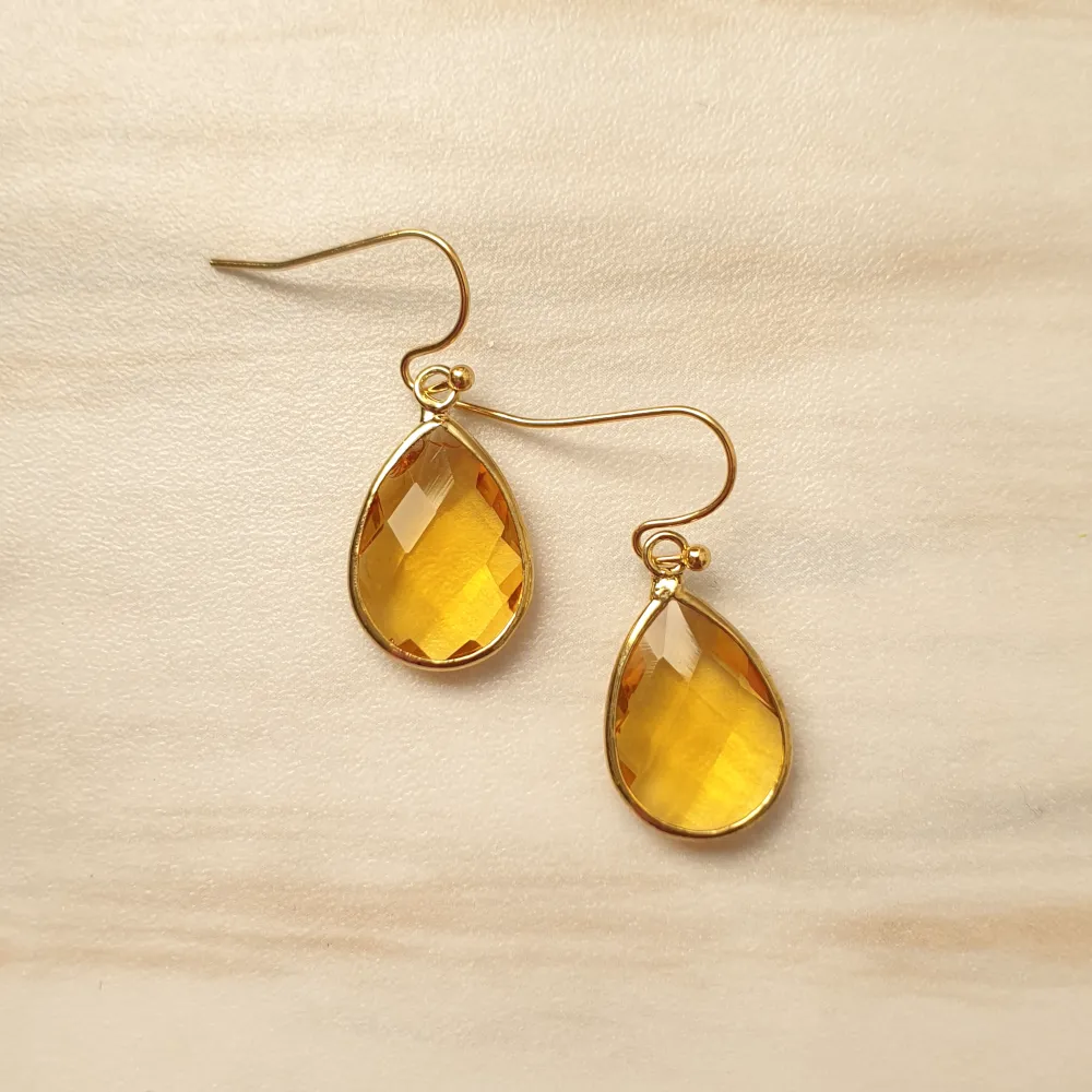 Teardrop Citrine Yellow Glass Single Drop Hook Earrings