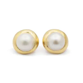 Vintage David Webb Hammered 18K Yellow & White Gold Mabe Pearl Clip on Stud Earrings