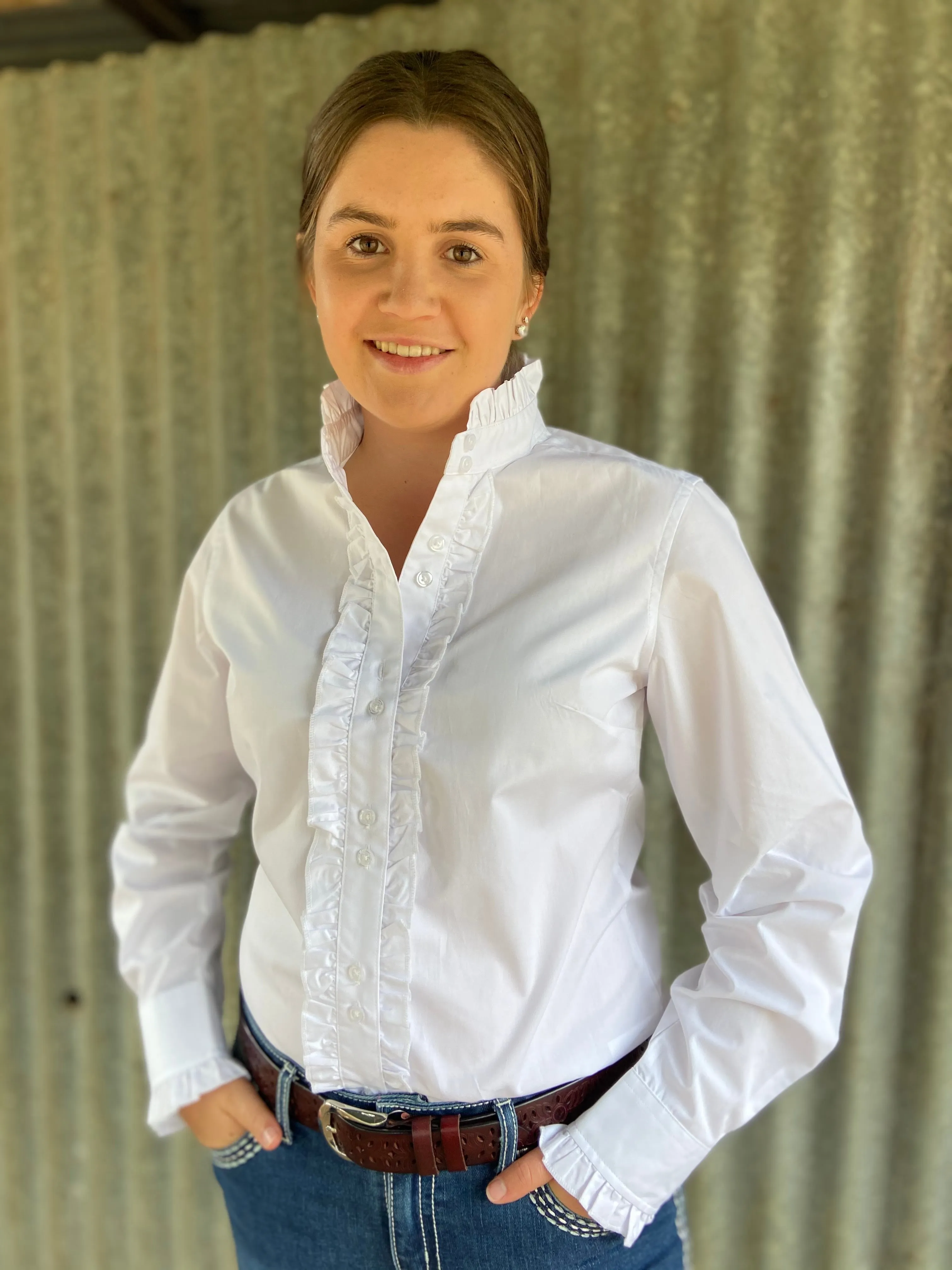 White - Long Sleeve Collared Shirt WITH Ruffles