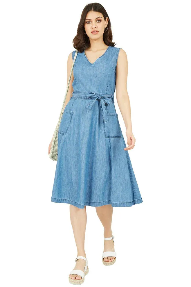 Yumi Blue Chambray Denim Midi Skater Dress