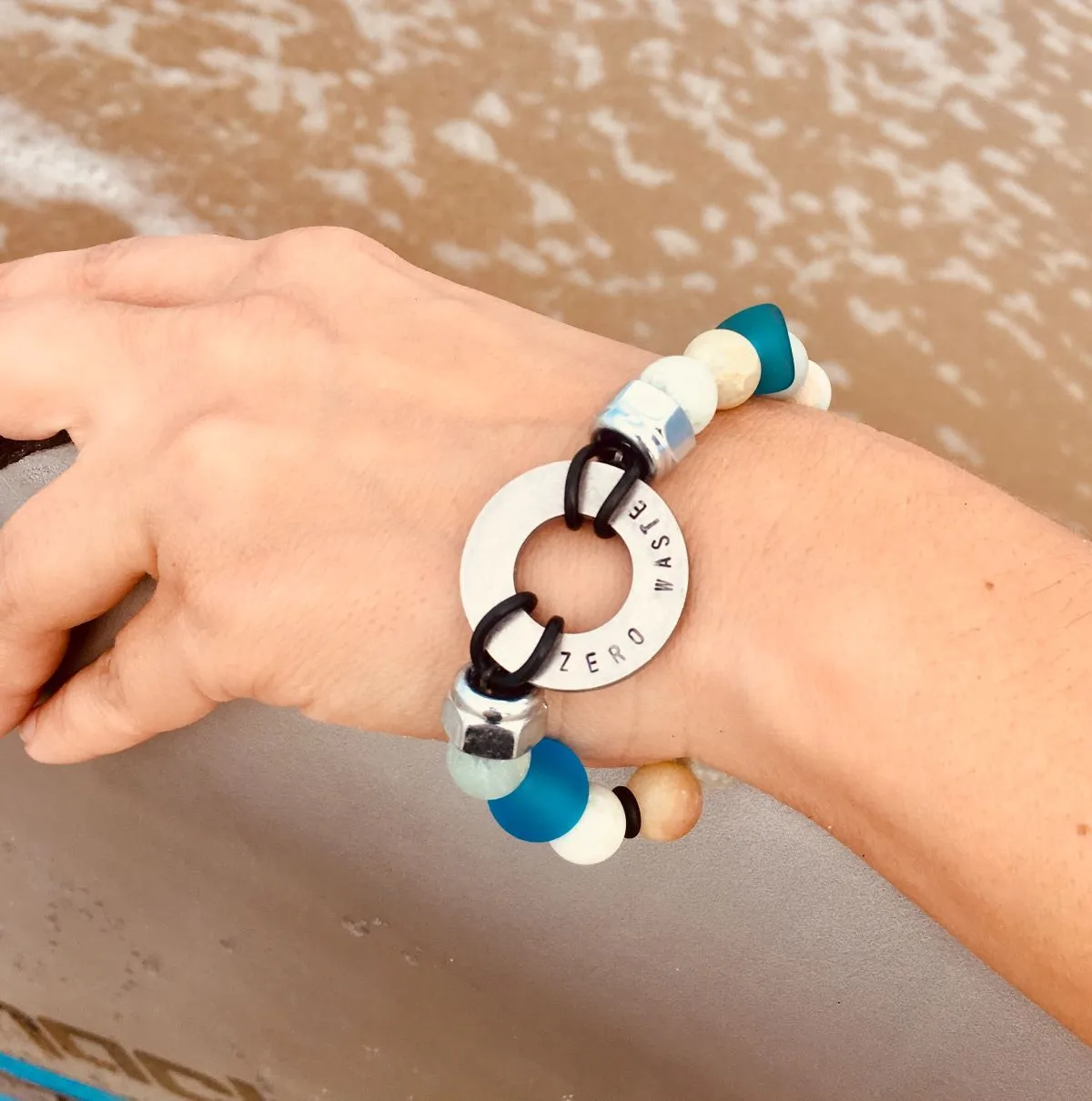 Zero Waste Bracelet with up-recycled SCUBA parts and Sea Glass & Amazonite