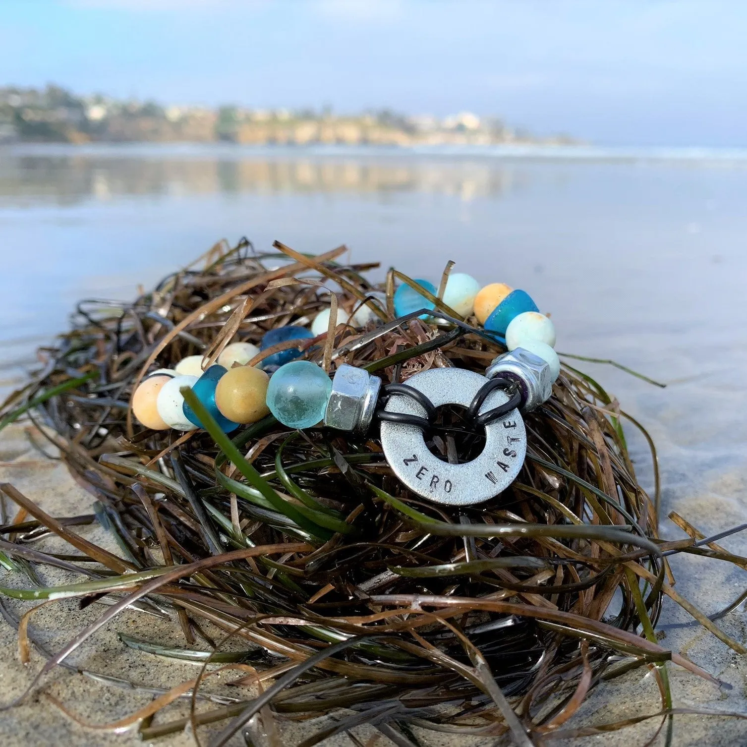 Zero Waste Bracelet with up-recycled SCUBA parts and Sea Glass & Amazonite