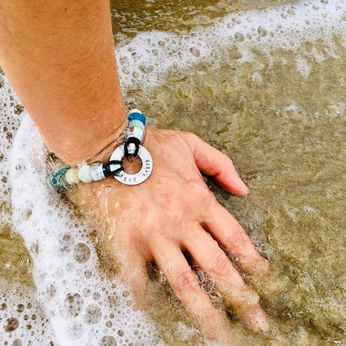 Zero Waste Bracelet with up-recycled SCUBA parts and Sea Glass & Amazonite