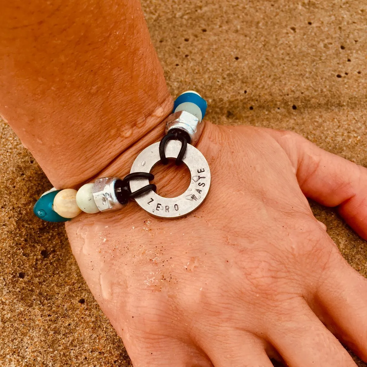 Zero Waste Bracelet with up-recycled SCUBA parts and Sea Glass & Amazonite