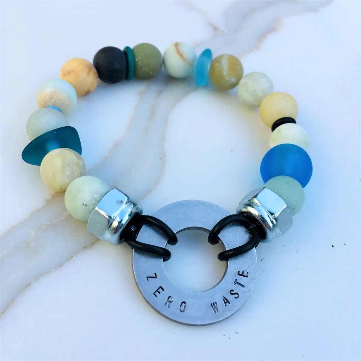 Zero Waste Bracelet with up-recycled SCUBA parts and Sea Glass & Amazonite