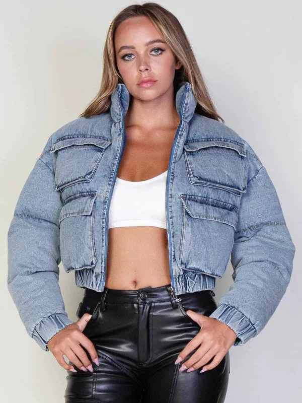 Zip Up Puffy Denim Jean Jacket